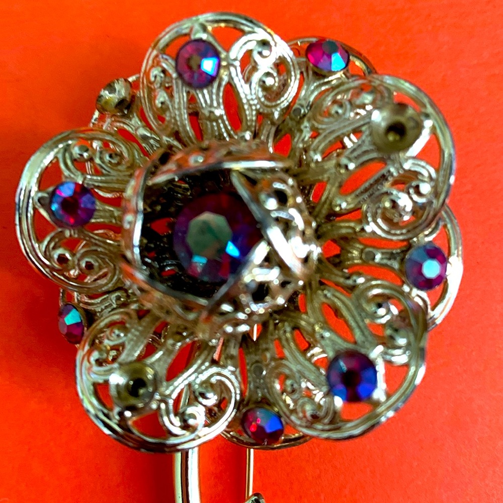 Sarah Coventry Signed Brooch Red Blue Rhinestones